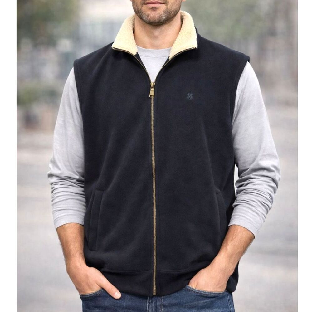 IZOD Jeans Sherpa Collar Fleece Vest Men’s Large Navy Full Zip Casual